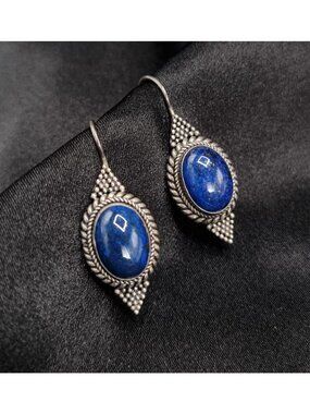Early 2000s Lapis Lazuli 925 Sterling Silver Dangle Earrings With Intricate Desi